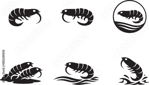 Krill Silhouette Icon Set Black and White Minimal Shrimp Like Marine Icons