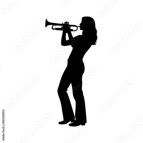 silhouette of a woman playing the trumpet against a white background