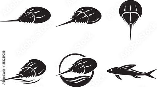 Horseshoe Crab Silhouette Icon Set Black and White Prehistoric Marine Icons