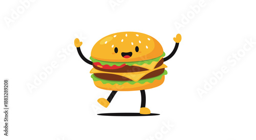 Happy cartoon hamburger character with cheese and lettuce dancing and waving its hands on a clean white background.