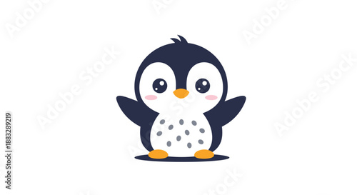 Adorable baby penguin with a spotted belly standing and smiling with open flippers against a clean white background.