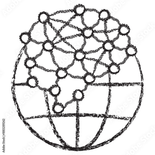 Vector icon of a global neural network brain over Earth. Dark brown textured charcoal sketch in a linear style on transparent background. Global AI and world digital intelligence concept
