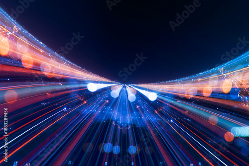 Speed lines trail from night city- lens effect. technology background