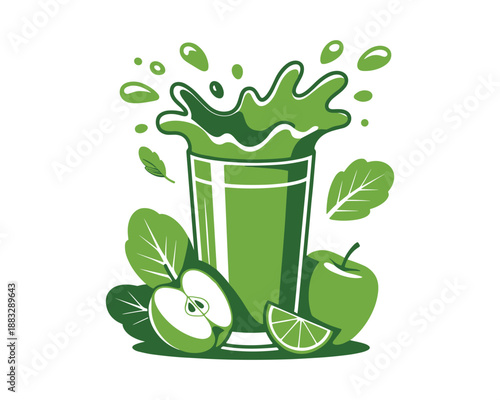 Green juice with apple and lettuce leaves on white