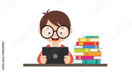 Young boy with glasses sitting at a desk and using a digital tablet next to a tall stack of colorful books for modern learning.