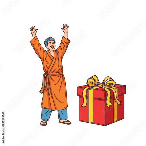 Excited man in robe celebrates gift box with raised arms and joyful expression.