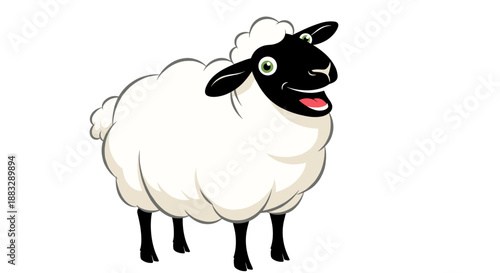 Fluffy white sheep with a black face and smiling expression, standing on a white background for farm animal-themed illustrations.