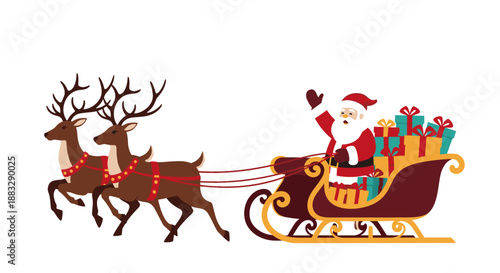 Santa Claus riding his traditional sleigh filled with gifts, pulled by two reindeer across a clean white background for Xmas.