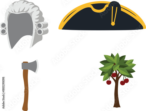 Vintage judge wig, hat, axe, and cherry tree icons