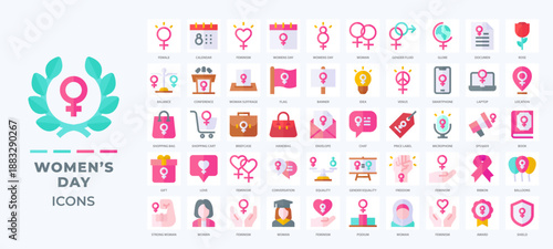 Women’s Day icons set collection, featuring feminism, equality, empowerment, and celebration symbols. Perfect for social campaigns, events, posters, and women empowerment projects.