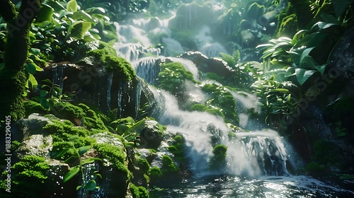 A tranquil waterfall gently flowing over moss-covered rocks surrounded by lush vegetation and the soothing sounds of nature