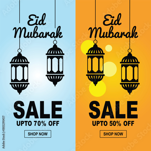 Eid Mubarak sale banners with lanterns and discounts