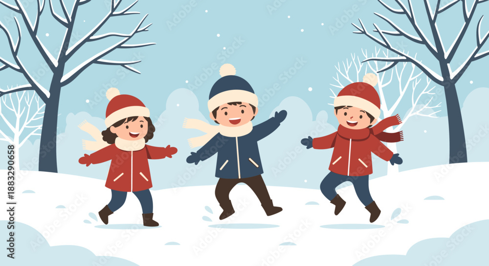 Fototapeta premium Happy boy and girl dressed in red and blue winter outfits are dancing and jumping in the fresh snow on a beautiful winter day.