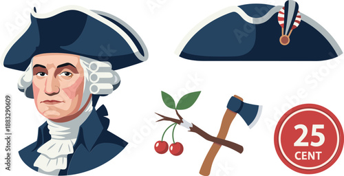George Washington icon set with hat, axe, cherries