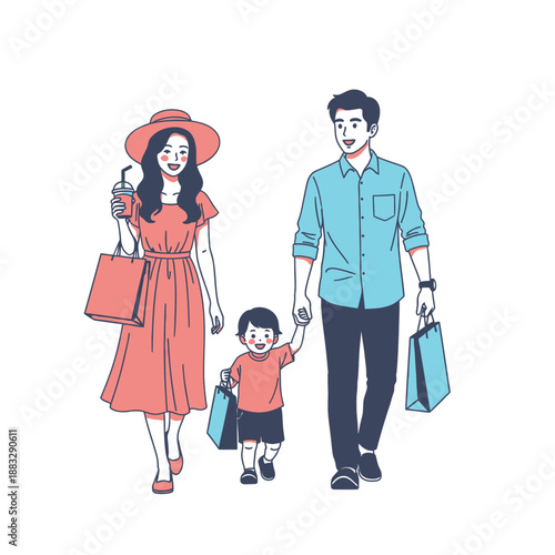 Family shopping together, enjoying a sunny day, carrying bags, and smiling happily.