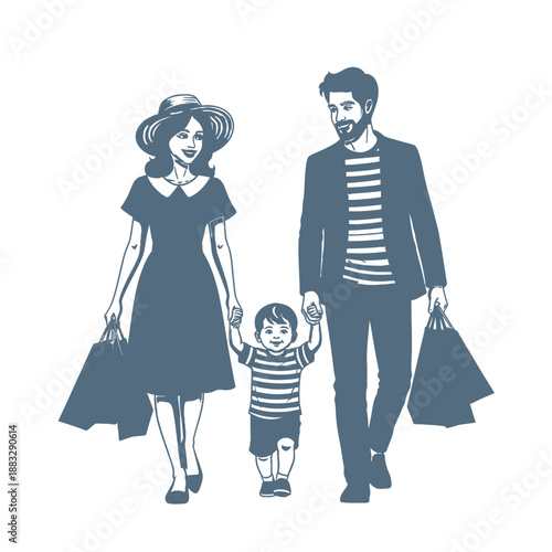 Family shopping together, enjoying quality time, holding hands, walking happily, carrying bags, smiling.