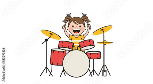 Energetic young girl playing a bright red drum set with great joy and enthusiasm on a plain white background.