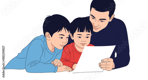Caring father and his two young sons looking at a white paper or book together in a warm family bonding moment.