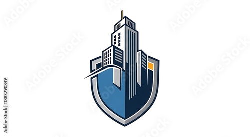 Skyscrapers are protected by a blue shield emblem.