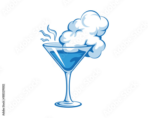 smoking blue cocktail in martini glass