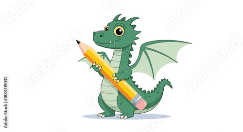 Cute green baby dragon holding a large yellow pencil and smiling happily while standing on a clean white background.