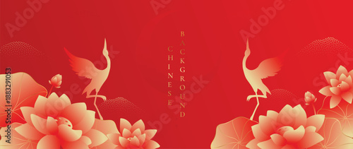 Chinese New Year luxury floral vector background with red peony lotus, cranes and gold glow. Premium elegant design for banners, greeting cards, posters and packaging.