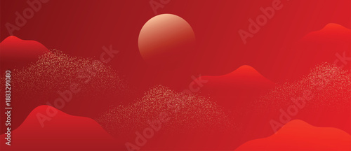 Chinese New Year luxury moonlit mountain vector background with red mist and gold texture. Elegant traditional design for banners, invitations, posters and branding.