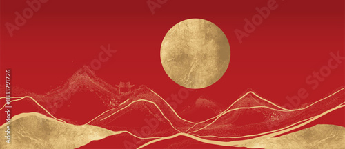 Chinese New Year luxury moon and mountain vector background with red sky and gold line art. Elegant design for banners, posters, invitations and branding.