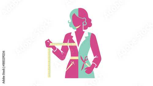 Fashion designer measuring garment with tape, creative design concept, stylish woman.