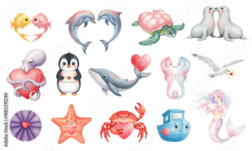 Watercolor sea life and ocean love collection set