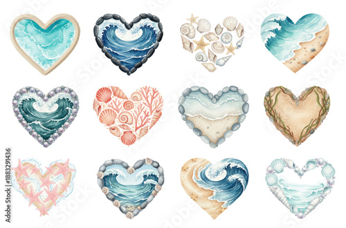 Watercolor beach heart and ocean shell collection