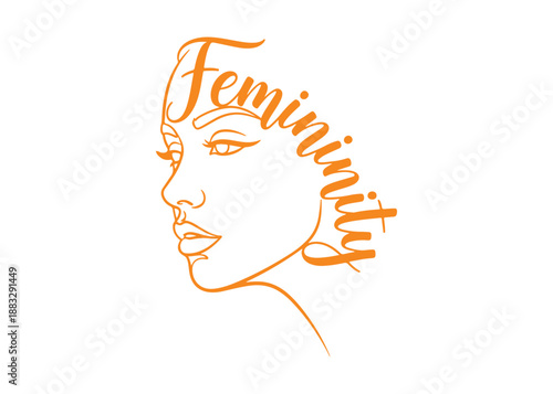 Line art depicting a female visage with the term 'Femininity' inscribed.
