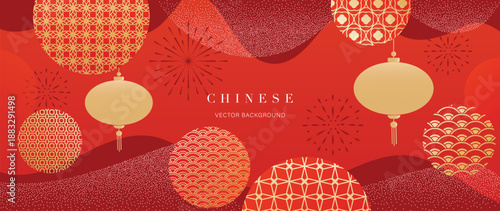 Chinese New Year luxury hanging lantern vector background with red textures and gold ornament details. Elegant festive design for banners, posters, invitations and covers.