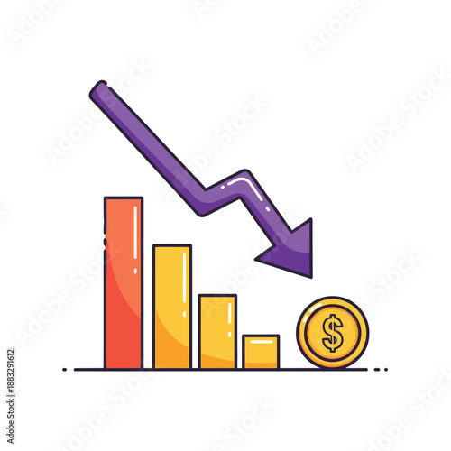Financial downturn depicted with falling arrow and declining bar graph.