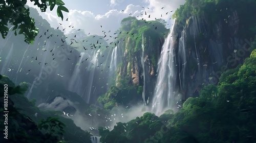 A breathtaking waterfall framed by towering cliffs and dense jungle foliage with birdsong filling the air and adding to the sense of natural wonder