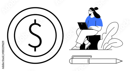 Financial planning concept. Dollar symbol monetary focus, with a woman working on a laptop and a pen for planning. Financial strategies, work, creativity, tools, professionalism