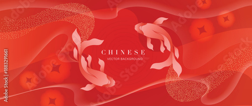 Chinese New Year luxury koi fish frame vector background with red gradients and gold sparkle. Elegant festive design for posters, banners, invitations and branding.