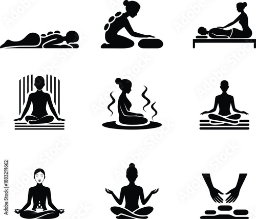 Black silhouettes of people meditating and getting massages