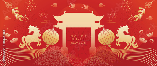 Chinese New Year luxury gate vector background with red lanterns, horses and gold festive decor. Premium design for posters, banners, greeting cards and invitations.