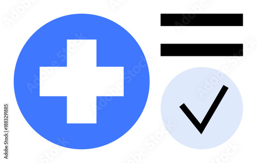 Blue medical cross, black equal sign, and a checkmark in a light circle. Ideal for healthcare equality, validation, inclusivity, medicine, trust, approval simple flat metaphor