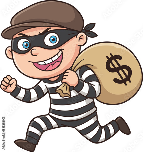 Happy Cartoon Thief Character Wearing Striped Prison Uniform and Mask Running While Carrying a Large Money Bag with Dollar Sign