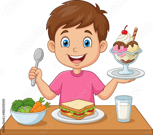 Happy Cartoon Boy Sitting at Table with Healthy Sandwich Vegetables and Milk while Holding a Large Ice Cream Sundae Dessert
