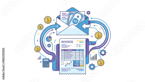 Financial invoice and envelope with money, coins, and business growth charts.