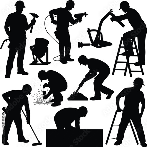 Diverse Set of Professional Business People Silhouettes Using Headsets and Laptops for Customer Support, Call Center Services, and Corporate Communication (21 words)