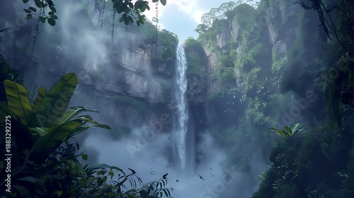 A breathtaking waterfall framed by towering cliffs and dense jungle foliage with birdsong filling the air and adding to the sense of natural wonder