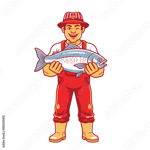 Fisherman proudly displays a freshly caught fish, showcasing his successful catch and expertise.