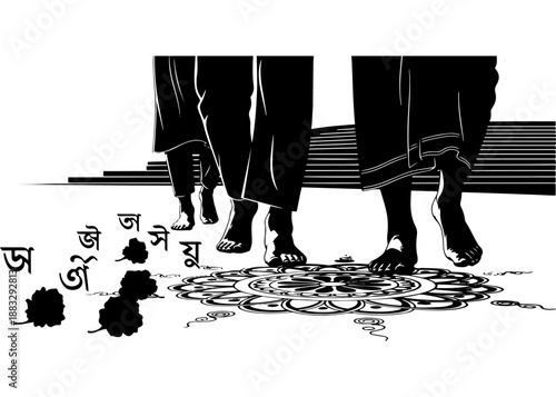 Barefoot people walking towards Shaheed Minar over artistic floor alpana painting on International Mother Language Day 21st February in Bangladesh to pay deep respect to the language martyrs of 1952.