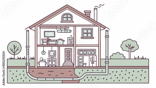 House Cutaway Interior with Plumbing and Underground System Illustration