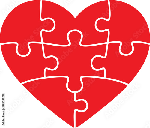 Red heart shape puzzle pieces together complete love symbol