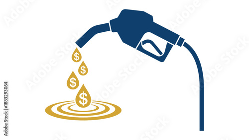 Fuel nozzle pouring money, symbolizing high gas prices and expenses.